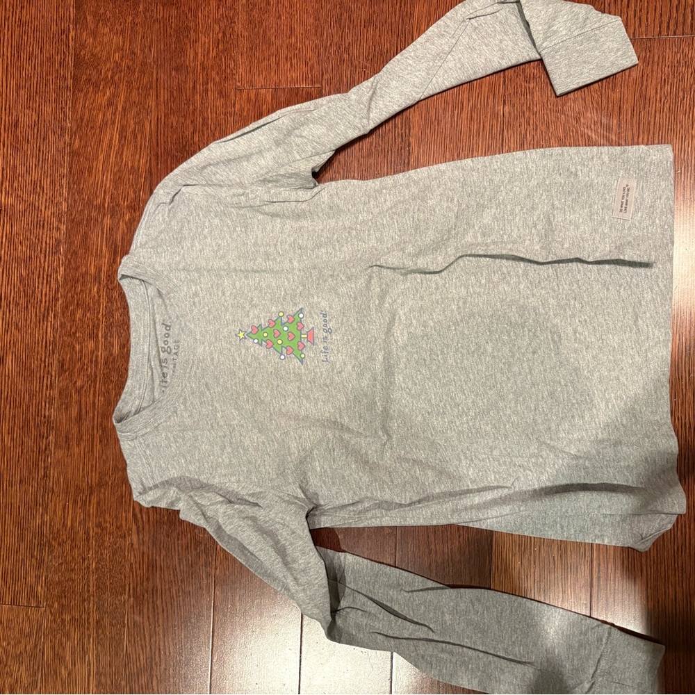 Life Is Good Gray Long-Sleeve Tee with Small Christmas Tree Graphic